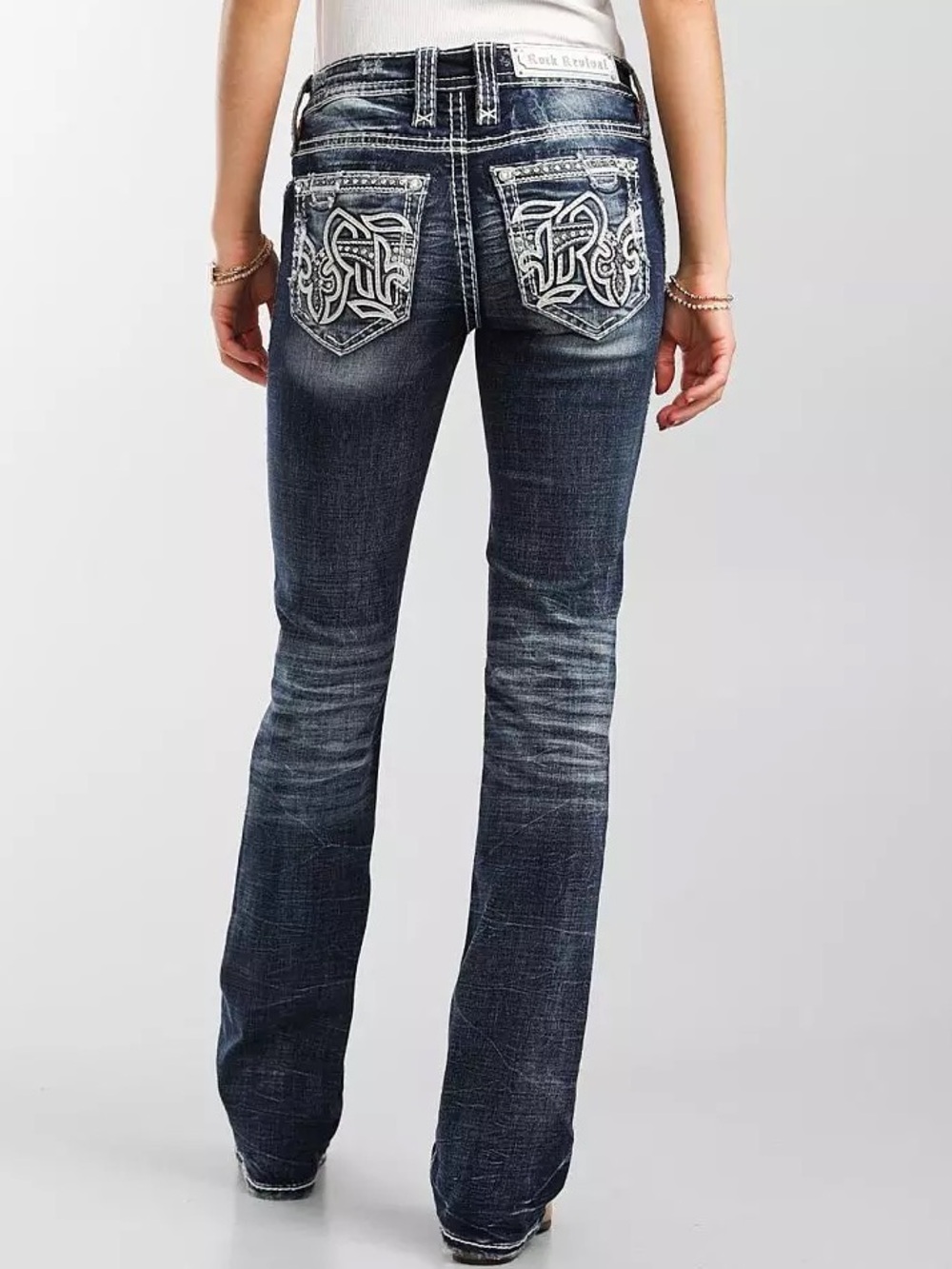 Rock Revival Kelcie Boot Bootcut Rhinestone Dark Wash Blue Jeans Low Rise 28